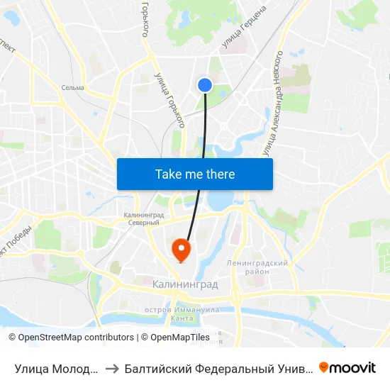 Улица Молодёжная (В Центр) to Балтийский Федеральный Университет Имени Иммануила Канта map