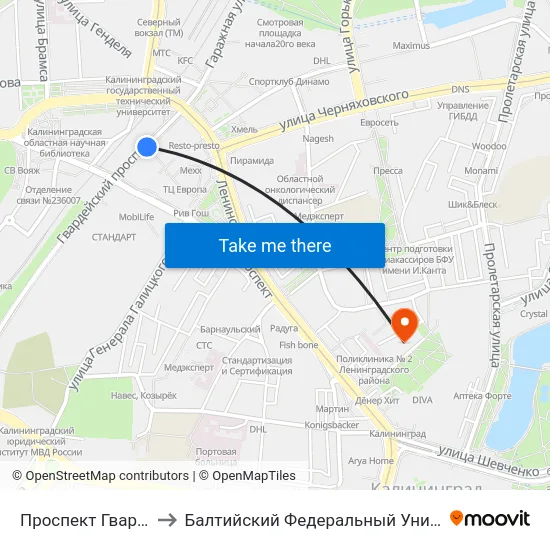 Проспект Гвардейский (В Центр) to Балтийский Федеральный Университет Имени Иммануила Канта map