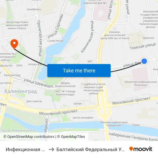 Инфекционная Больница (Из Центра) to Балтийский Федеральный Университет Имени Иммануила Канта map