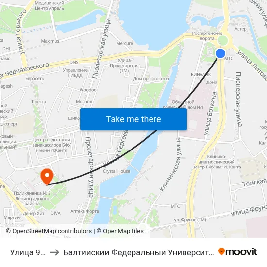 Улица 9 Апреля to Балтийский Федеральный Университет Имени Иммануила Канта map