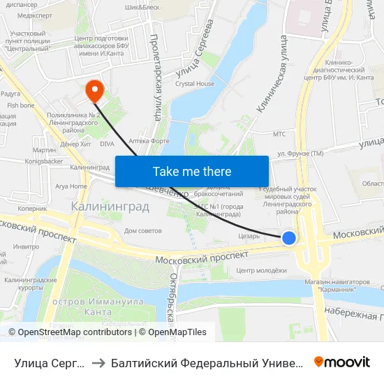 Улица Сергея Тюленина to Балтийский Федеральный Университет Имени Иммануила Канта map