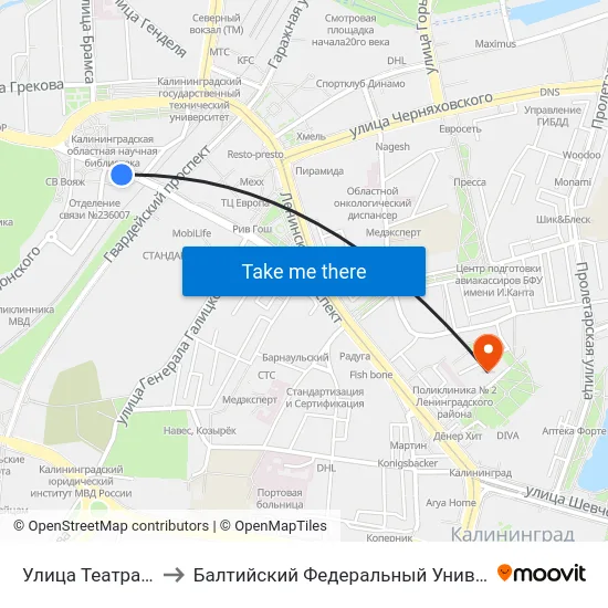 Улица Театральная (В Центр) to Балтийский Федеральный Университет Имени Иммануила Канта map