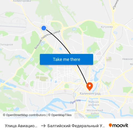 Улица Авиационная (По Требованию) to Балтийский Федеральный Университет Имени Иммануила Канта map