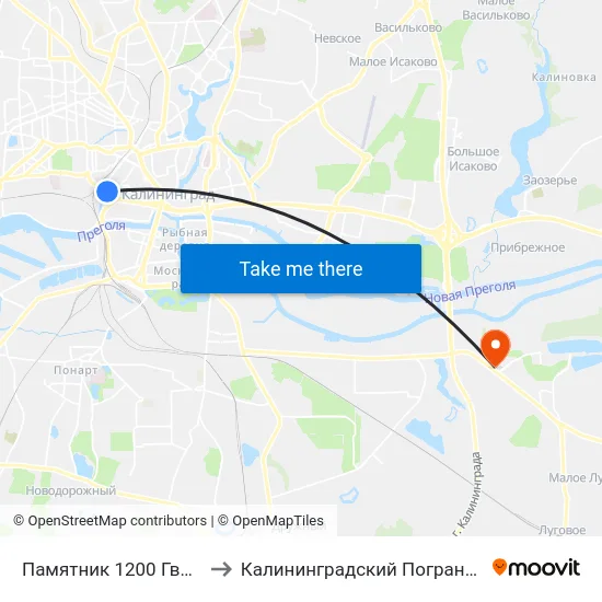 Памятник 1200 Гвардейцев (Из Центра) to Калининградский Пограничный Институт Фсб России map