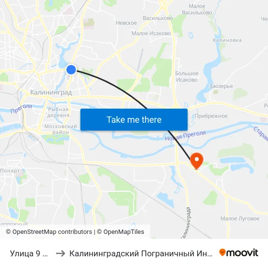 Улица 9 Апреля to Калининградский Пограничный Институт Фсб России map