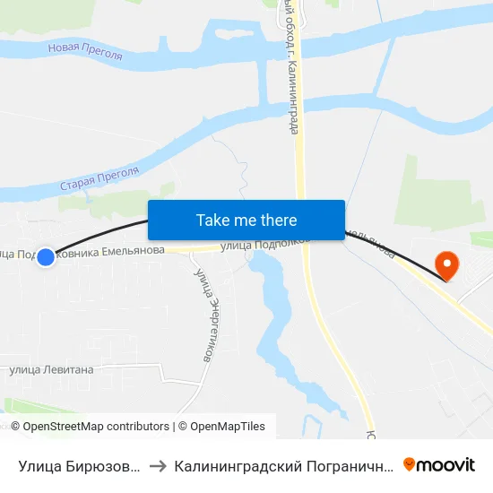 Улица Бирюзовая (Из Центра) to Калининградский Пограничный Институт Фсб России map