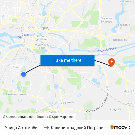 Улица Автомобильная (Из Центра) to Калининградский Пограничный Институт Фсб России map