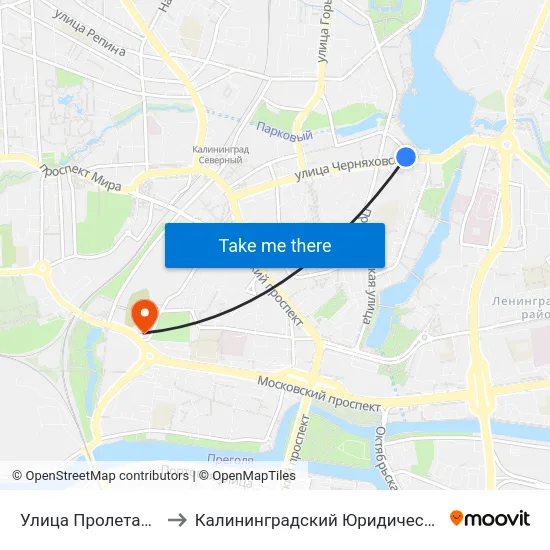 Улица Пролетарская (В Центр) to Калининградский Юридический Институт Мвд России map