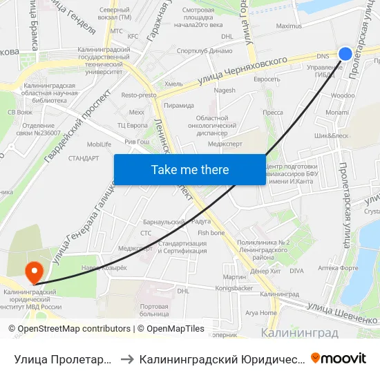 Улица Пролетарская (Из Центра) to Калининградский Юридический Институт Мвд России map