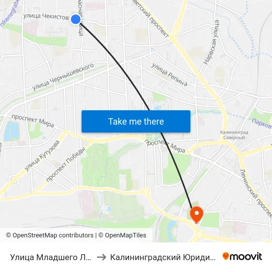 Улица Младшего Лейтенанта Родителева to Калининградский Юридический Институт Мвд России map