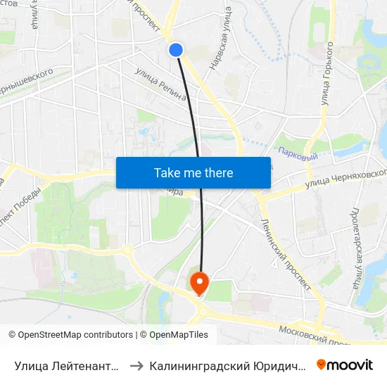 Улица Лейтенанта Яналова (В Центр) to Калининградский Юридический Институт Мвд России map