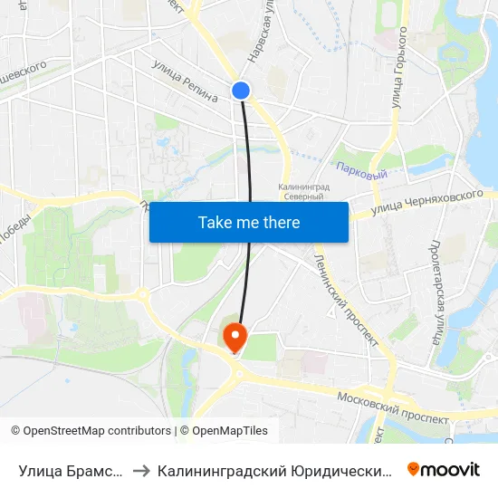 Улица Брамса (В Центр) to Калининградский Юридический Институт Мвд России map