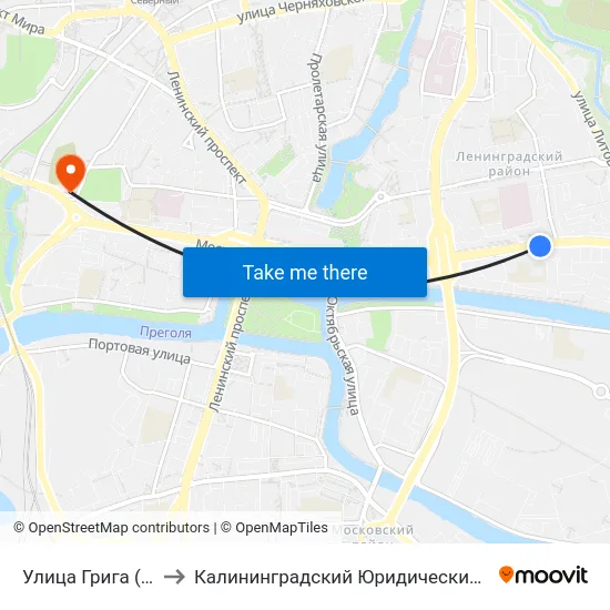 Улица Грига (Из Центра) to Калининградский Юридический Институт Мвд России map