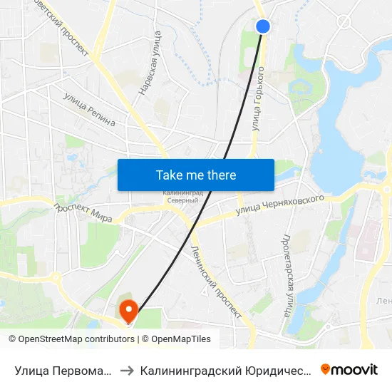 Улица Первомайская (В Центр) to Калининградский Юридический Институт Мвд России map