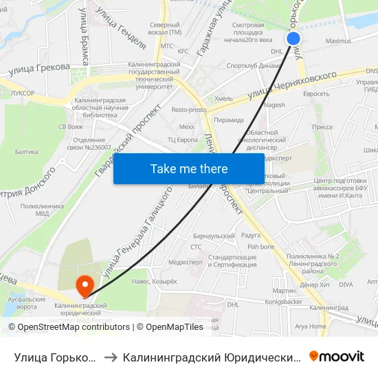 Улица Горького (В Центр) to Калининградский Юридический Институт Мвд России map