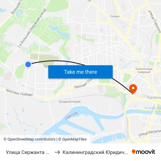 Улица Сержанта Мишина (Из Центра) to Калининградский Юридический Институт Мвд России map
