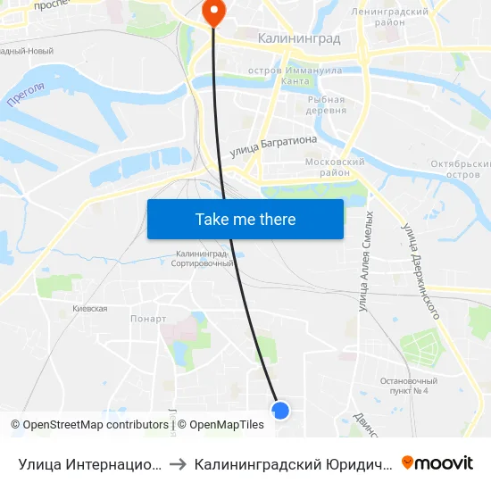 Улица Интернациональная (Из Центра) to Калининградский Юридический Институт Мвд России map