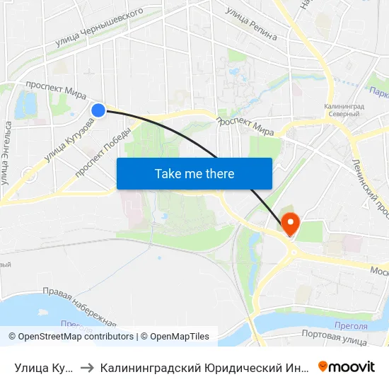 Улица Кутузова to Калининградский Юридический Институт Мвд России map