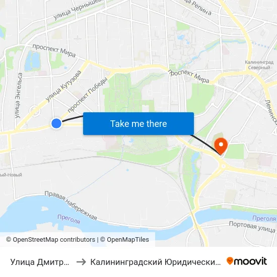 Улица Дмитрия Донского to Калининградский Юридический Институт Мвд России map