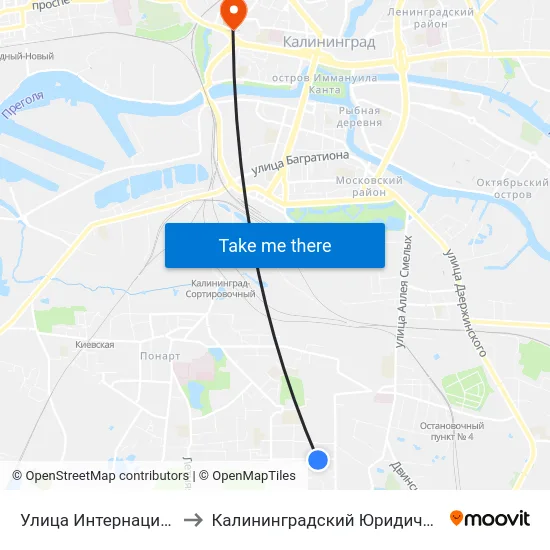 Улица Интернациональная (В Центр) to Калининградский Юридический Институт Мвд России map