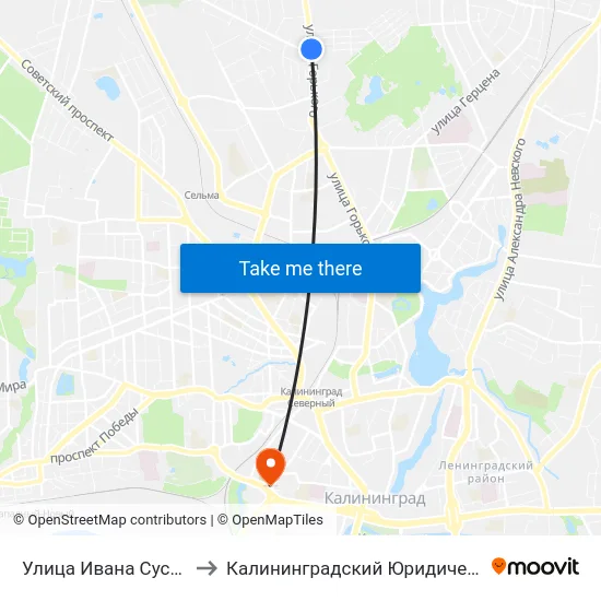 Улица Ивана Сусанина (Из Центра) to Калининградский Юридический Институт Мвд России map
