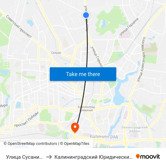 Улица Сусанина (В Центр) to Калининградский Юридический Институт Мвд России map