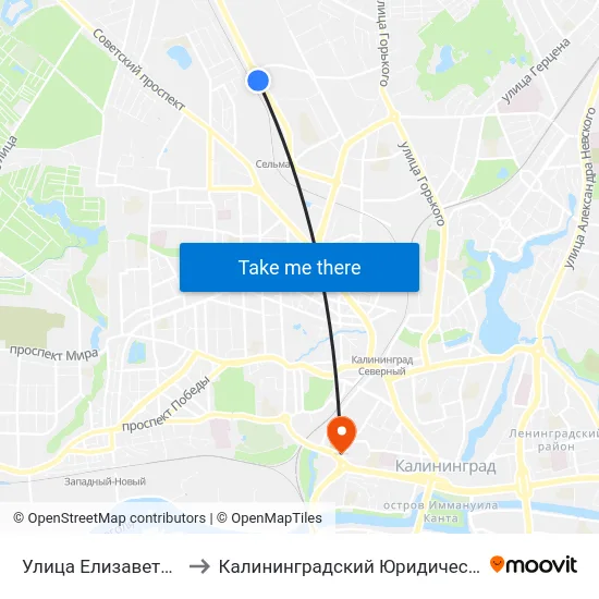 Улица Елизаветинская (В Центр) to Калининградский Юридический Институт Мвд России map