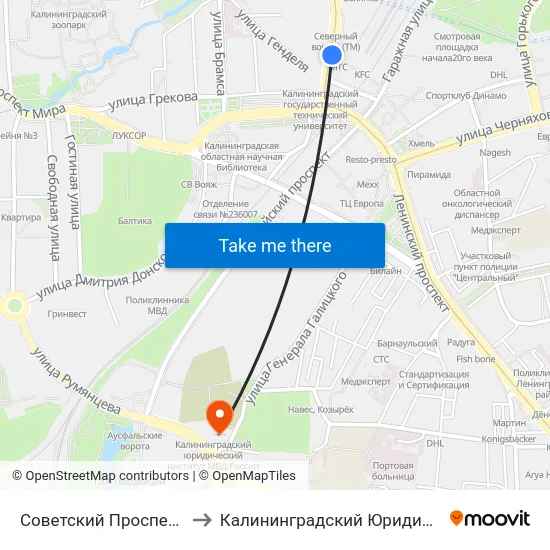 Советский Проспект (Северный Вокзал) to Калининградский Юридический Институт Мвд России map