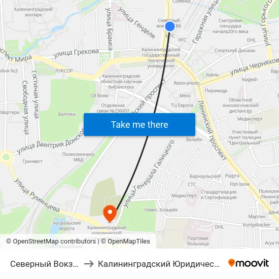 Северный Вокзал (Из Центра) to Калининградский Юридический Институт Мвд России map
