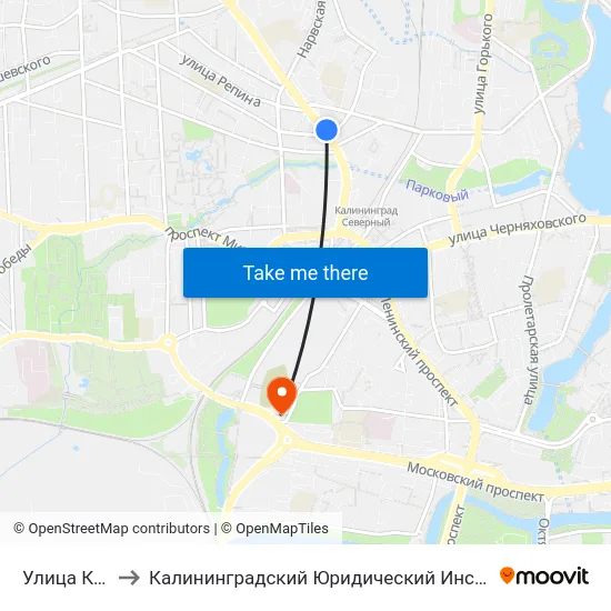 Улица Кирова to Калининградский Юридический Институт Мвд России map