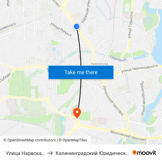 Улица Нарвская (Из Центра) to Калининградский Юридический Институт Мвд России map