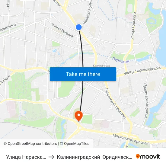 Улица Нарвская (Из Центра) to Калининградский Юридический Институт Мвд России map