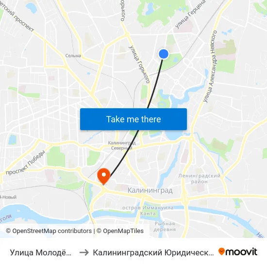 Улица Молодёжная (В Центр) to Калининградский Юридический Институт Мвд России map
