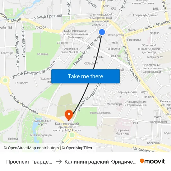 Проспект Гвардейский (Из Центра) to Калининградский Юридический Институт Мвд России map