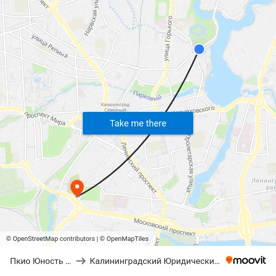 Пкио Юность (Из Центра) to Калининградский Юридический Институт Мвд России map