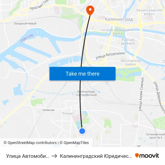 Улица Автомобильная (В Центр) to Калининградский Юридический Институт Мвд России map