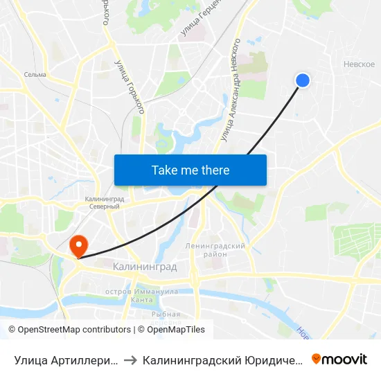 Улица Артиллерийская (Конечная) to Калининградский Юридический Институт Мвд России map