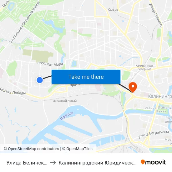 Улица Белинского (В Центр) to Калининградский Юридический Институт Мвд России map