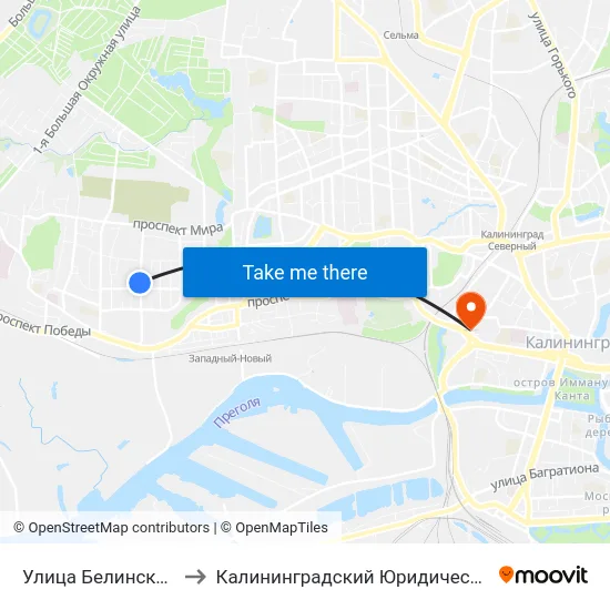Улица Белинского (Из Центра) to Калининградский Юридический Институт Мвд России map