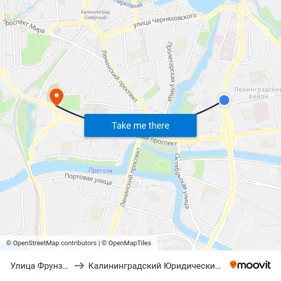 Улица Фрунзе (В Центр) to Калининградский Юридический Институт Мвд России map