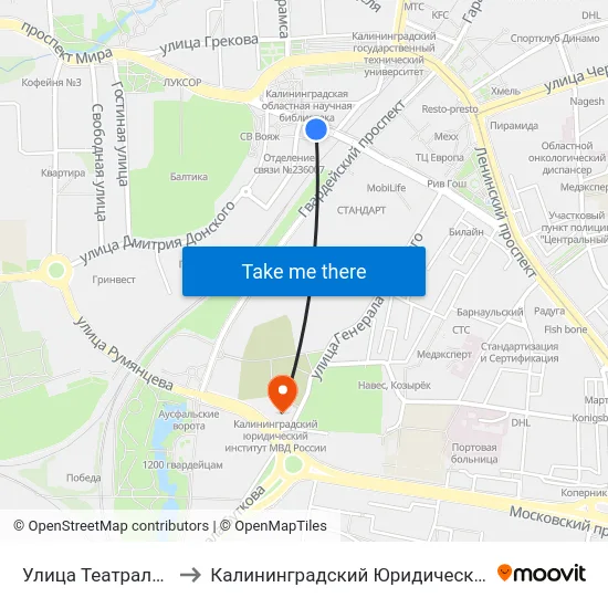 Улица Театральная (В Центр) to Калининградский Юридический Институт Мвд России map