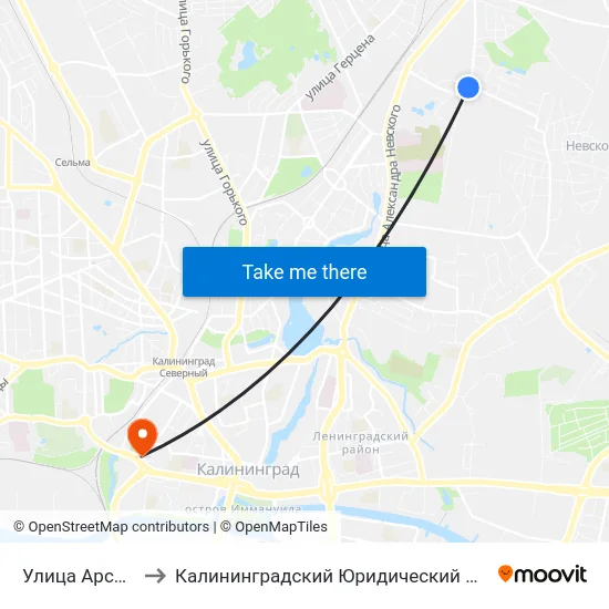 Улица Арсенальная to Калининградский Юридический Институт Мвд России map