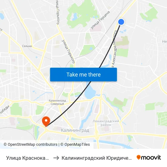 Улица Краснокаменная (В Центр) to Калининградский Юридический Институт Мвд России map