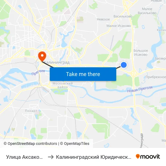 Улица Аксакова (Конечная) to Калининградский Юридический Институт Мвд России map