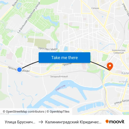 Улица Брусничная (Конечная) to Калининградский Юридический Институт Мвд России map