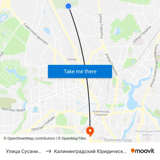 Улица Сусанина (Конечная) to Калининградский Юридический Институт Мвд России map