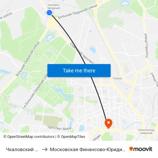 Чкаловский Поворот (Из Центра) to Московская Финансово-Юридическая Академия. Калининградский Филиал map