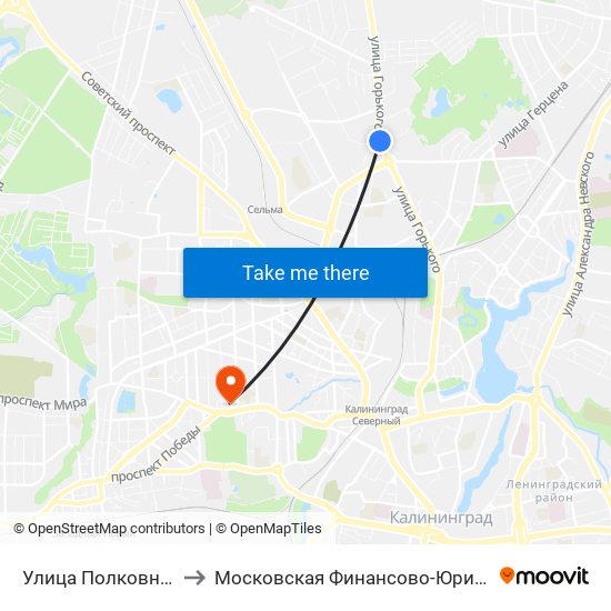 Улица Полковника Ефремова (Из Центра) to Московская Финансово-Юридическая Академия. Калининградский Филиал map