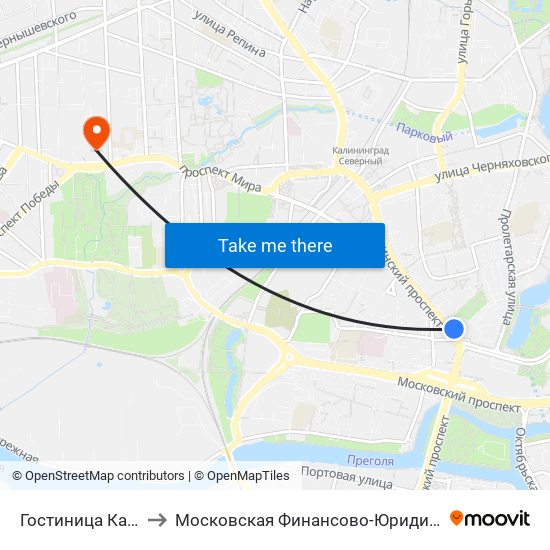 Гостиница Калининград (В Центр) to Московская Финансово-Юридическая Академия. Калининградский Филиал map