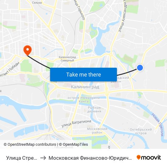 Улица Стрелецкая (В Центр) to Московская Финансово-Юридическая Академия. Калининградский Филиал map